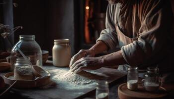 artisan main pétrissage fait maison pâte pour rustique pain préparation généré par ai photo