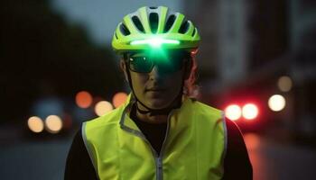 un homme équitation une vélo à nuit avec des sports casque généré par ai photo