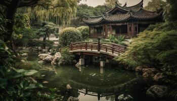 tranquille scène de ancien pagode dans rural l'automne paysage généré par ai photo