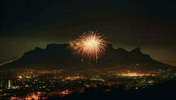 explosif feux d'artifice enflammer vibrant fête dans paysage urbain, éclairant paysage génératif ai photo