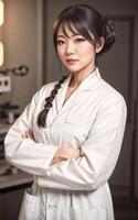 photo de magnifique asiatique femme dans blanc laboratoire manteau, génératif ai