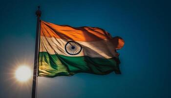 Indien drapeau agitant avec fierté dans lumière du soleil généré par ai photo