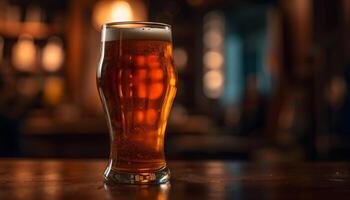 mousseux Bière dans or verre sur en bois table généré par ai photo