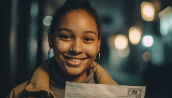 Jeune femme souriant, à la recherche à caméra en plein air généré par ai photo