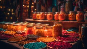 multi coloré pots de épices décorer Indien cuisine généré par ai photo