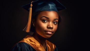 Jeune adulte femme dans l'obtention du diplôme robe souriant fièrement généré par ai photo