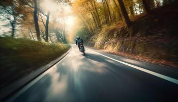 un la personne cyclisme par forêt sur Montagne bicyclette généré par ai photo