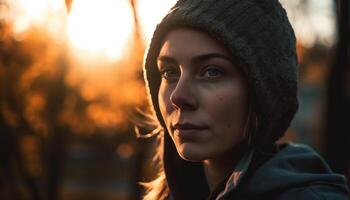 un Jeune femme souriant, à la recherche à le coucher du soleil généré par ai photo