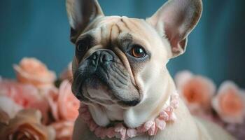 mignonne français bouledogue chiot séance en plein air, à la recherche à caméra généré par ai photo