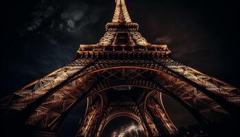 majestueux Eiffel la tour illumine Paris à nuit généré par ai photo