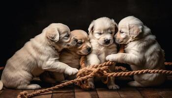 Trois duveteux de race chiots séance dans une rangée généré par ai photo