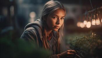 Jeune femme souriant, à la recherche à caméra en plein air généré par ai photo