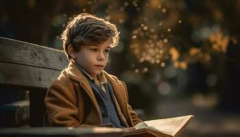 mignonne écolier en train de lire livre dans l'automne lumière du soleil généré par ai photo