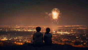 ville horizon illuminé par exploser feux d'artifice afficher généré par ai photo