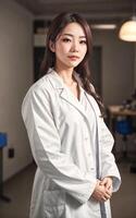 photo de magnifique asiatique femme dans blanc laboratoire manteau, génératif ai