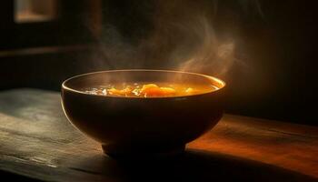 brûlant bois chaleurs bol pour en bonne santé repas généré par ai photo