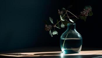 fraîcheur dans la nature verre bouteille sur en bois table généré par ai photo