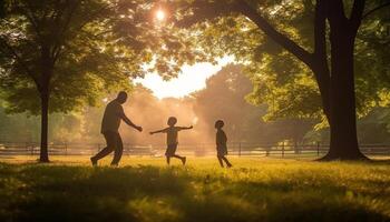 famille collage dans nature, profiter le coucher du soleil ensemble généré par ai photo