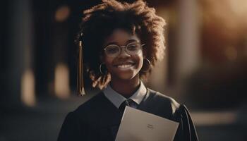 sur de soi Jeune femme d'affaires en portant costume, souriant en plein air généré par ai photo