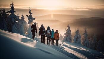 Hommes et femmes randonnée dans neigeux forêt généré par ai photo