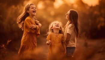 souriant les enfants en jouant en plein air dans le le coucher du soleil généré par ai photo