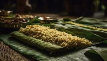 fraîchement cuit riz bol avec biologique des légumes généré par ai photo