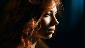 magnifique femme avec rouge cheveux à la recherche une façon généré par ai photo