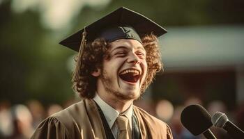 un réussi Jeune adulte en portant diplôme en plein air généré par ai photo