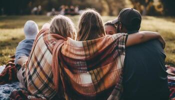 Jeune adultes embrasse nature, souriant et insouciant généré par ai photo