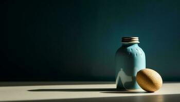 bleu verre bouteille avec médicament capsules à l'intérieur généré par ai photo