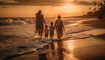 famille des promenades sur plage, profiter le coucher du soleil ensemble généré par ai photo