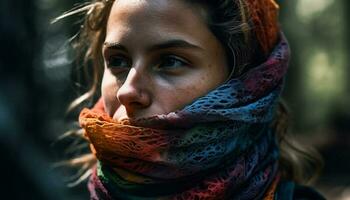 Jeune femme dans foulard souriant en plein air Heureusement généré par ai photo