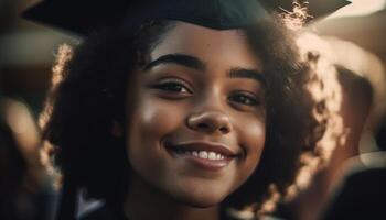 Jeune femme avec frisé cheveux jouit en plein air généré par ai photo