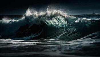 rupture vagues vaporisateur surfeurs dans majestueux paysage marin généré par ai photo