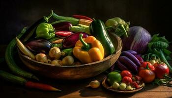 Frais biologique des légumes dans rustique en bois panier généré par ai photo