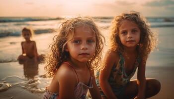 souriant les filles profiter insouciant été vacances en plein air généré par ai photo