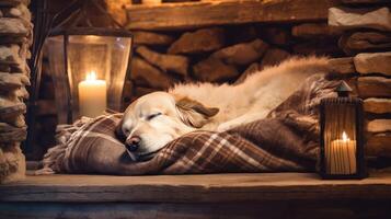 une confortable cheminée avec une somnoler chien capturé en utilisant lumière faible la photographie techniques capturer le chaud lueur et ajouter une confortable atmosphère à tout Accueil réglage ai généré photo