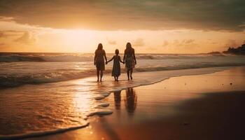 famille des promenades sur plage à lever du soleil, bonheur généré par ai photo