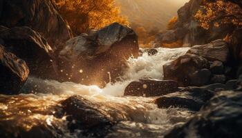 le coucher du soleil plus de Montagne gamme, reflétant dans tranquille l'eau généré par ai photo