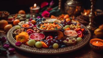 abondance de coloré fruit et des légumes sur table généré par ai photo