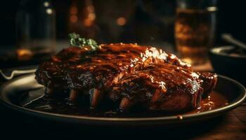 grillé Viande assiette avec sarriette barbecue sauce généré par ai photo