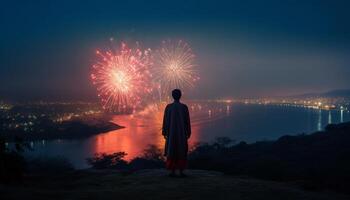 silhouette debout, feux d'artifice exploser, ville horizon illuminé généré par ai photo