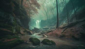 tranquille scène de écoulement l'eau dans forêt généré par ai photo