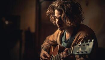 caucasien guitariste en jouant acoustique guitare à l'intérieur, souriant Heureusement généré par ai photo