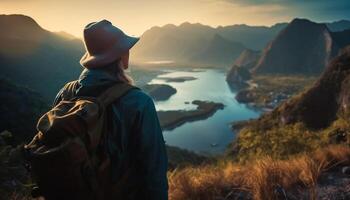 Hommes et femmes randonnée Montagne de pointe à le coucher du soleil généré par ai photo