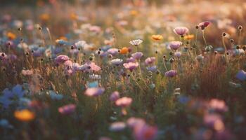 vibrant Marguerite fleur dans tranquille Prairie le coucher du soleil généré par ai photo