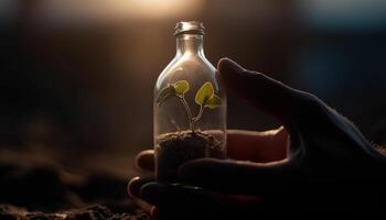 main en portant Frais biologique semis dans verre bouteille généré par ai photo