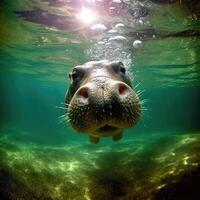 hippopotame nager sous-marin, ai généré. photo