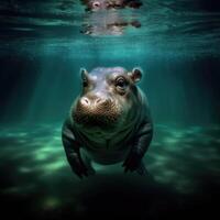 bébé hippopotame en mouvement en dessous de eau, ai généré. photo