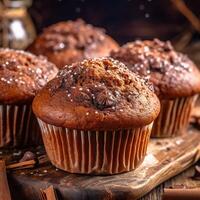 délicieux fait maison Chocolat muffins fermer. génératif ai photo